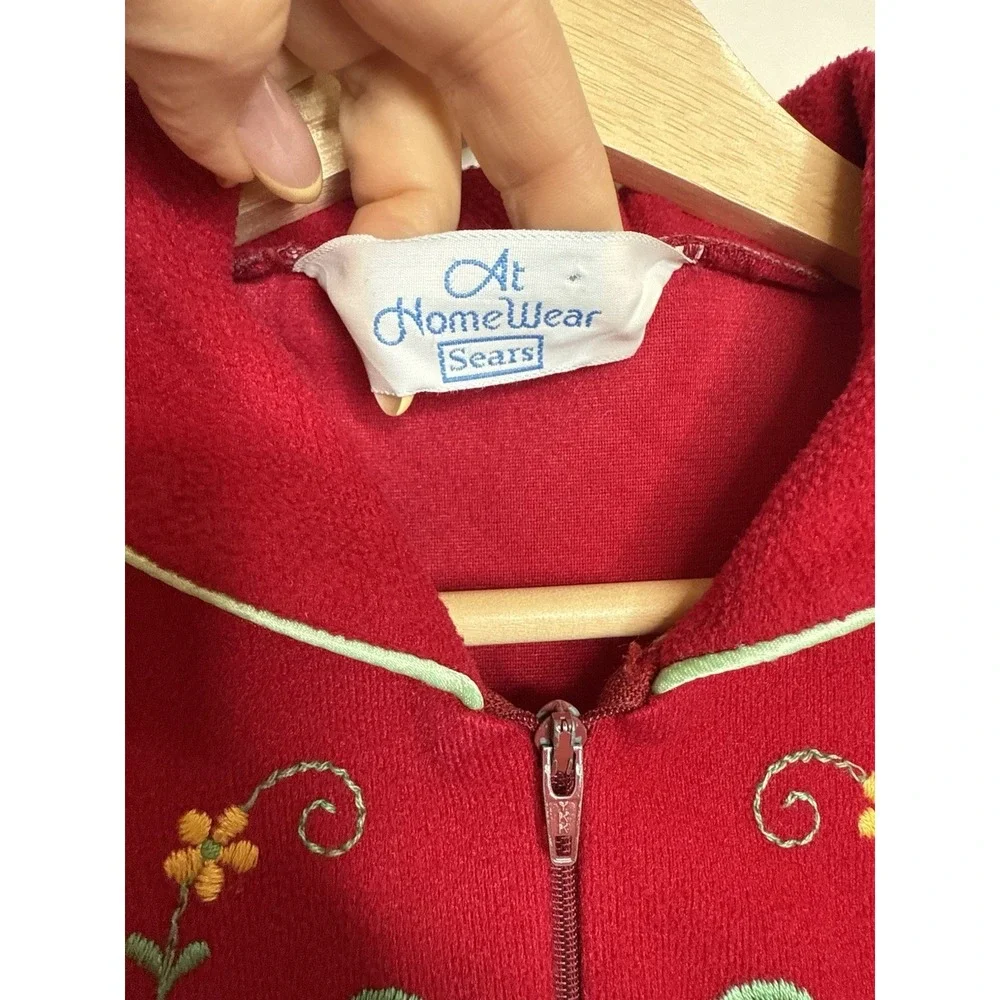 Vintage‎ 60s Sears Home Wear Fleece Robe Housecoat Red Embroider Floral Zip Long